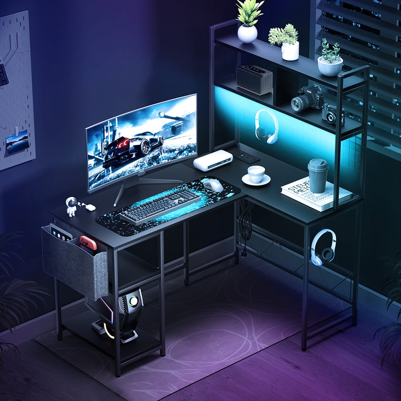Levede L Shaped Gaming Desk with LED Lights Black