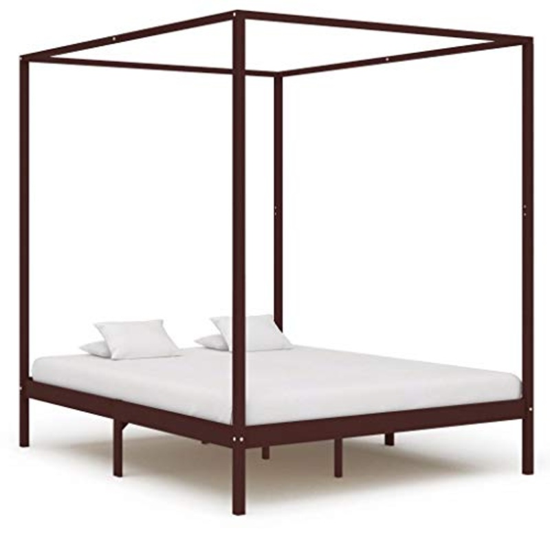 BIGTO – Struttura letto a baldacchino in legno di pino massiccio, per camera da letto, 180 x 200 cm, colore: Marrone scuro