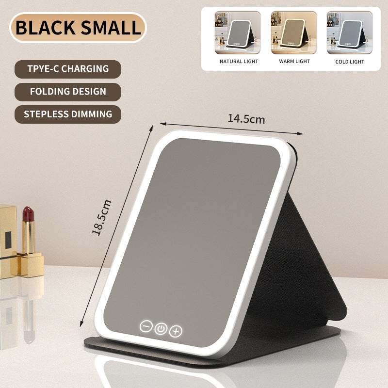 Black Small Foldable LED Makeup Mirror – Portable Desktop Vanity with 3 Color Lights, Stepless Dimming & Adjustable Stand