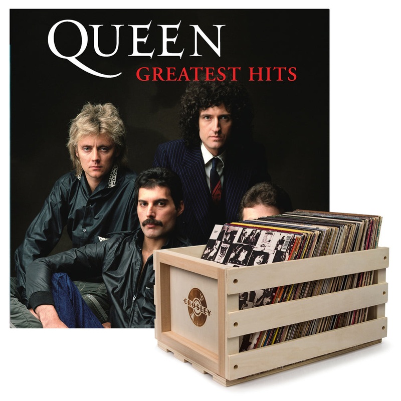 Crosley Record Storage Crate & Queen Greatest Hits – Double Vinyl Album Bundle
