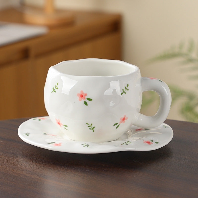 Hand-Painted Ceramic Coffee Cup and Saucer Set – Vintage Afternoon Tea(Red small floral branches)