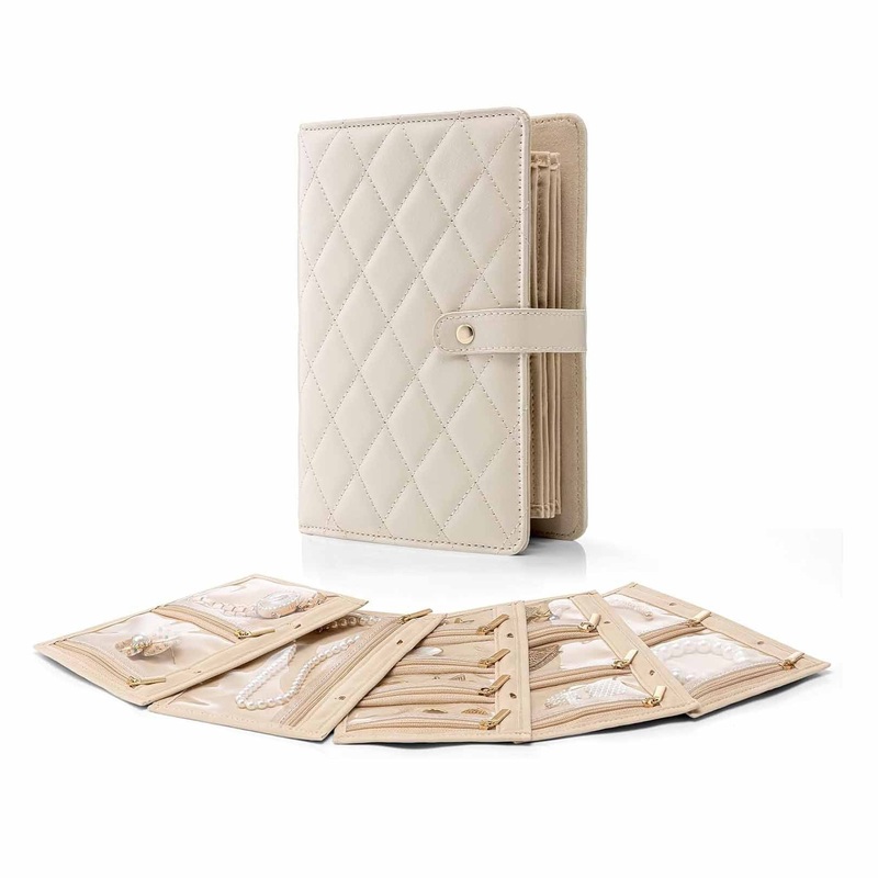 White Elegant Quilted Travel Jewelry Organizer Binder – Portable Loose-Leaf Storage Book with Clear Zipper Pockets for Earrings, Necklaces, Rings