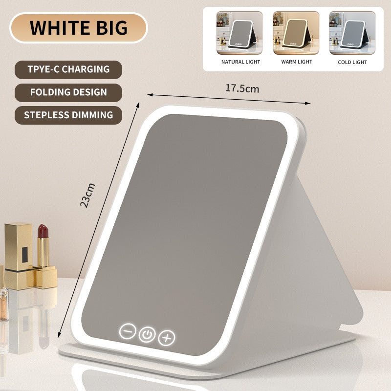White Large Foldable LED Makeup Mirror – Portable Desktop Vanity with 3 Color Lights, Stepless Dimming & Adjustable Stand