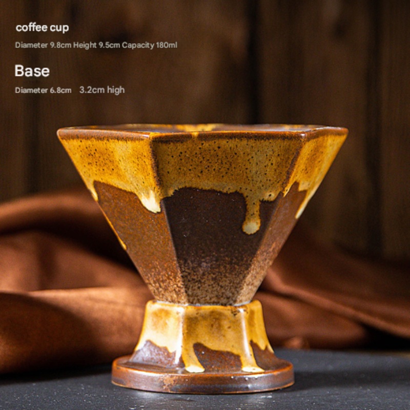 Brown and Gold Artistic Hexagonal Ceramic Coffee Cup & Stand Set – 180ml Nordic Design Drip Glaze Mug