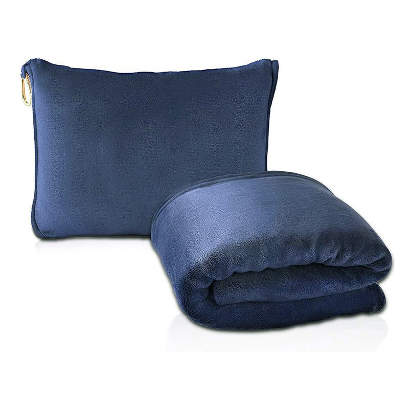 Dark Blue 2-in-1 Plush Travel Blanket & Pillow Set – Soft Flannel with Luggage Strap & Carabiner (50x60in)