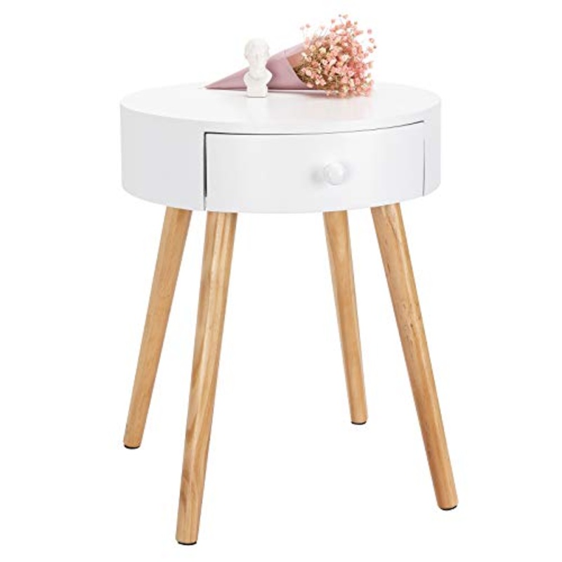 WOLTU TS51ws-1 Comodino Rotondo con Cassetto Organizzatore da Letto Tavolino da Salotto in Legno Bianco 38 cm