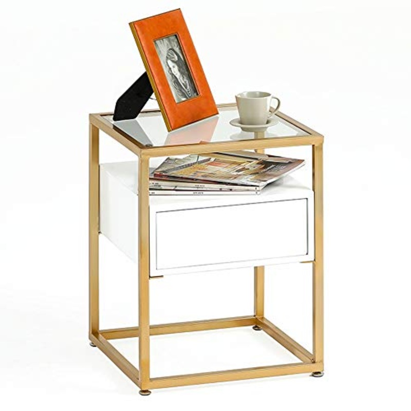 ZR- Tavolino Soggiorno Vetro Temperato Armadio Laterale del Divano con Il Cassetto Espositore Camera da Letto Comodino Tavolo D’angolo Mobilia (Colore : Oro)