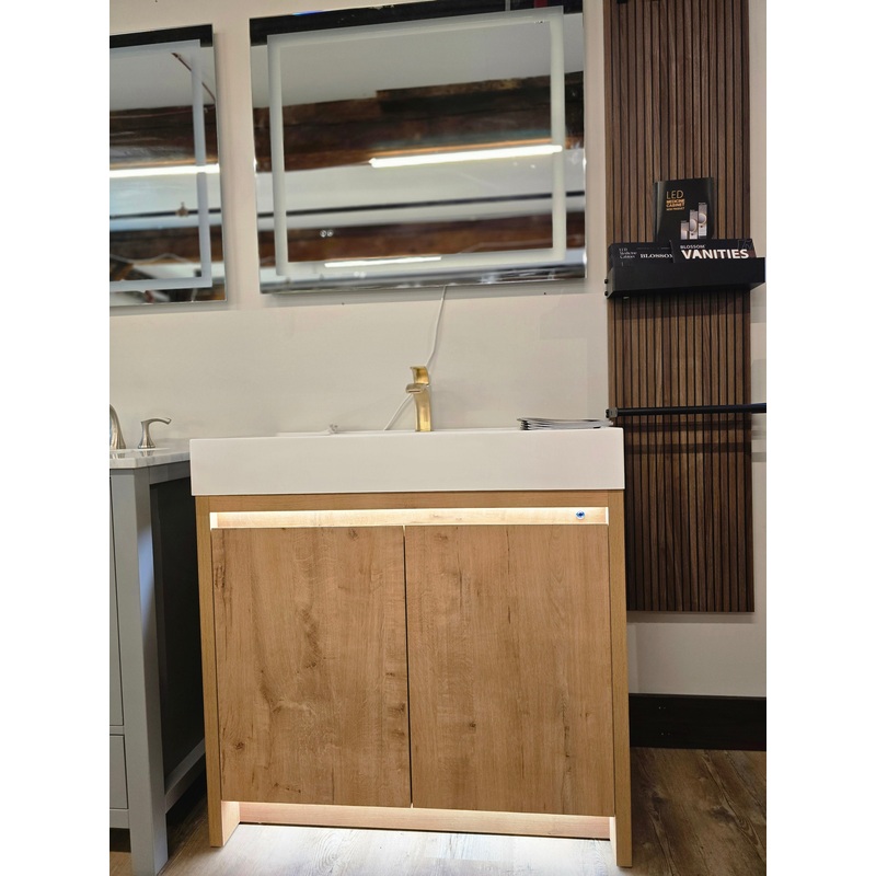 36″ Capri Classic Oak Vanity with an Acrylic Basin, Brushed Gold Pfister Faucet, and an *Optional* LED Mirror