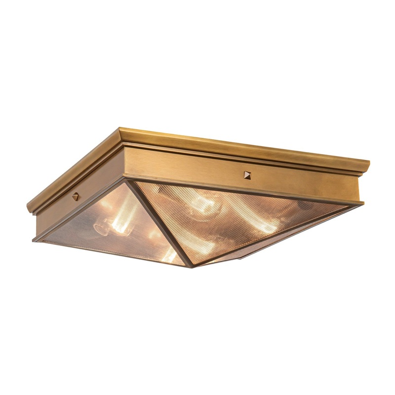 Four Light Flush Mount from the Cairo Collection in Vintage Brass/Clear Ribbed Glass Finish by Alora
