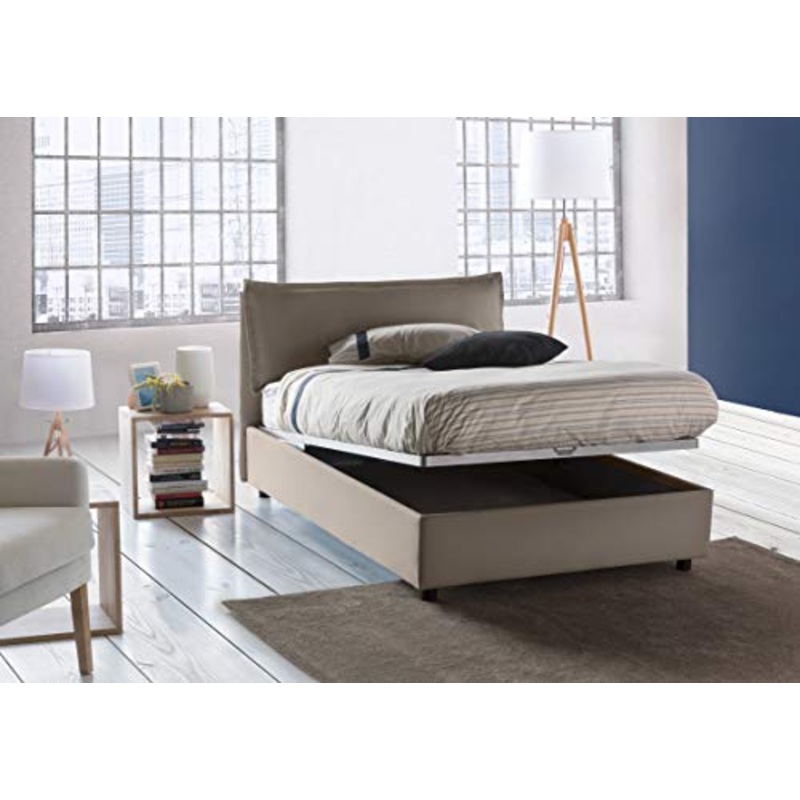 Talamo Italia Letto contenitore Una piazza e mezza Veronica, Made in Italy, Testata e rivestimento in tessuto, Apertura frontale, adatto per materasso cm 120×190, Tortora