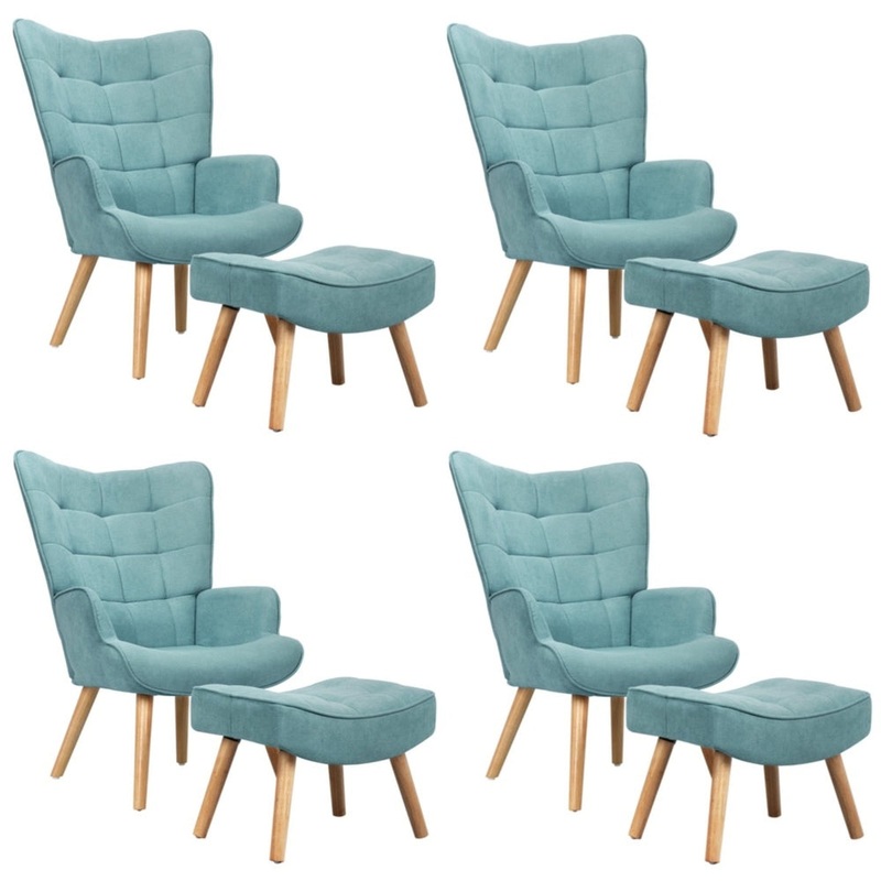 4x Armchair Lounge Chair Ottoman Fabric Sofa Blue