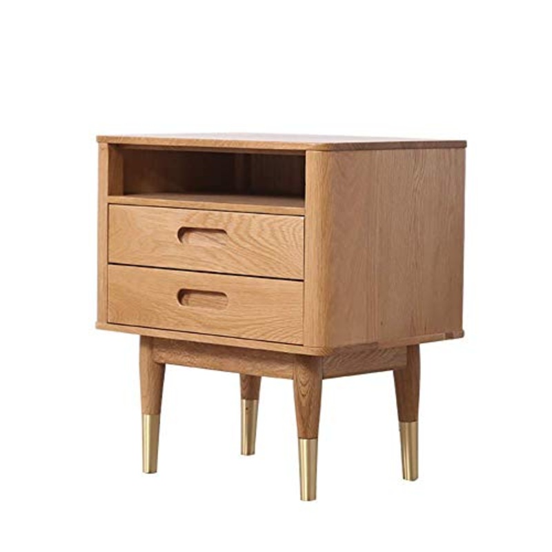 Comodino Mid-Century, Tavolino in Legno con 2 Cassetti, Vano Portaoggetti Anteriore Aperto, Tavolo con Dettagli in Legno Massello con Gambe in Metallo Noce 50X35X58Cm (20X14X23 Pollici)