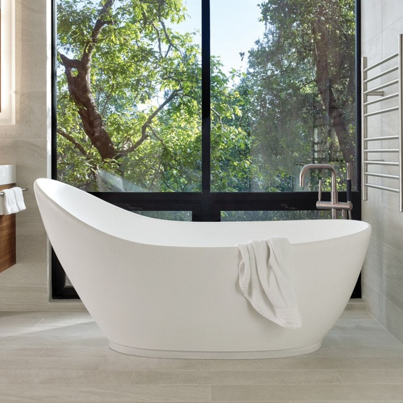 Soaking Tub Savoy 65 x 34.25 Inch Freestanding with Pedestal Left/Right Hand White Matte Sculpturestone 98 Gallons 24 Inch