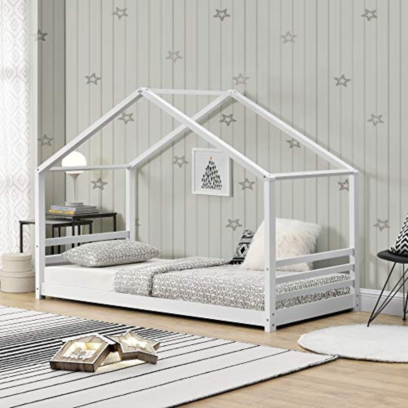 [en.casa] Letto per Bambino a Forma di Casetta 90 x 200 cm Lettino di Design Struttura in Legno – Bianco