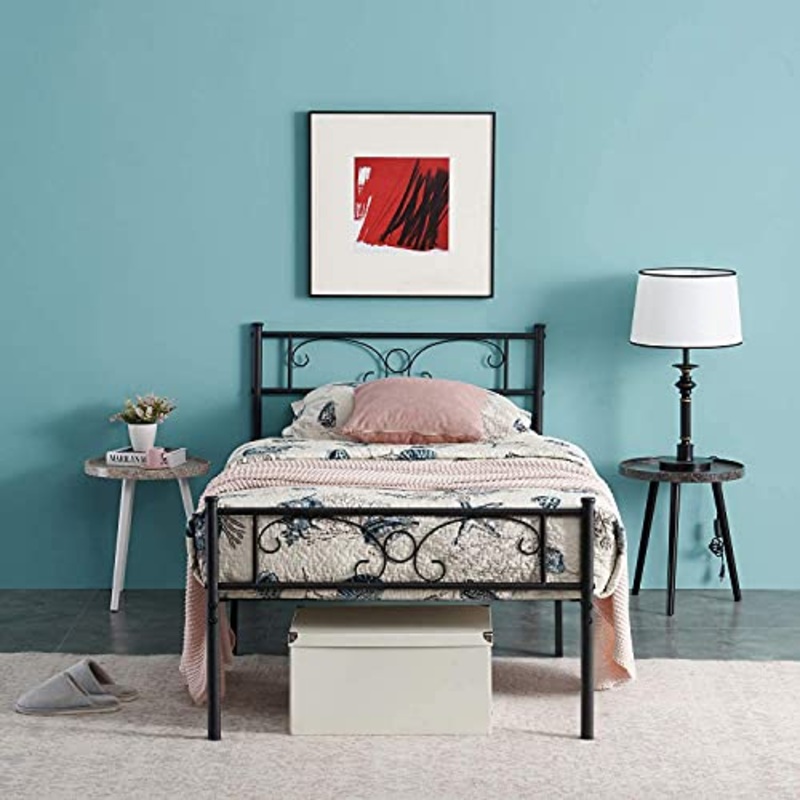 HJhomeheart Struttura Letto in Metallo Letto Singolo in Metallo con testiera e Doghe, Singolo Letto Moderno per Camera da Letto, Camera degli Ospiti, Adatto per Materasso 90 x 190 cm, Nero