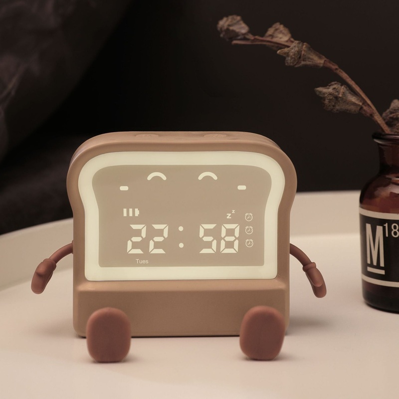 Adorable Toast-Shaped Digital Alarm Clock with Night Light & Phone Stand – Multifunctional Kids Clock(brown)