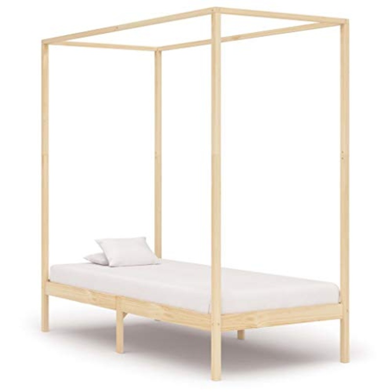 BIGTO – Struttura letto a baldacchino in legno di pino massiccio, per camera da letto, 90 x 200 cm, colore: Marrone chiaro