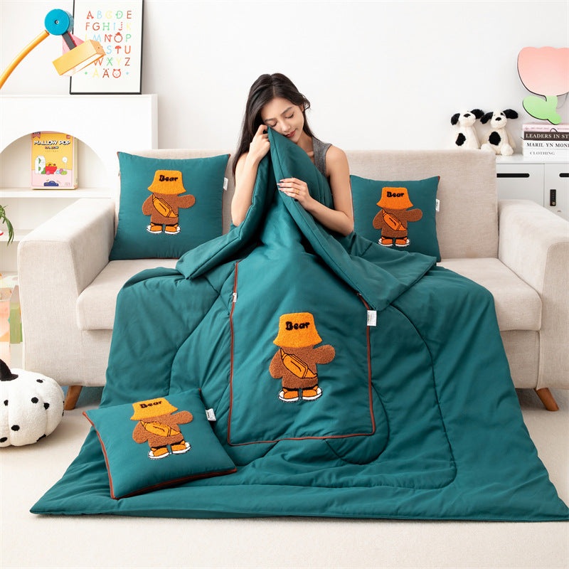 Green Fashion Bear 2-in-1 Foldable Car Pillow Blanket – Cozy 40x40cm Pillow, Unfolds to 100x150cm Blanket for Travel and Office Naps