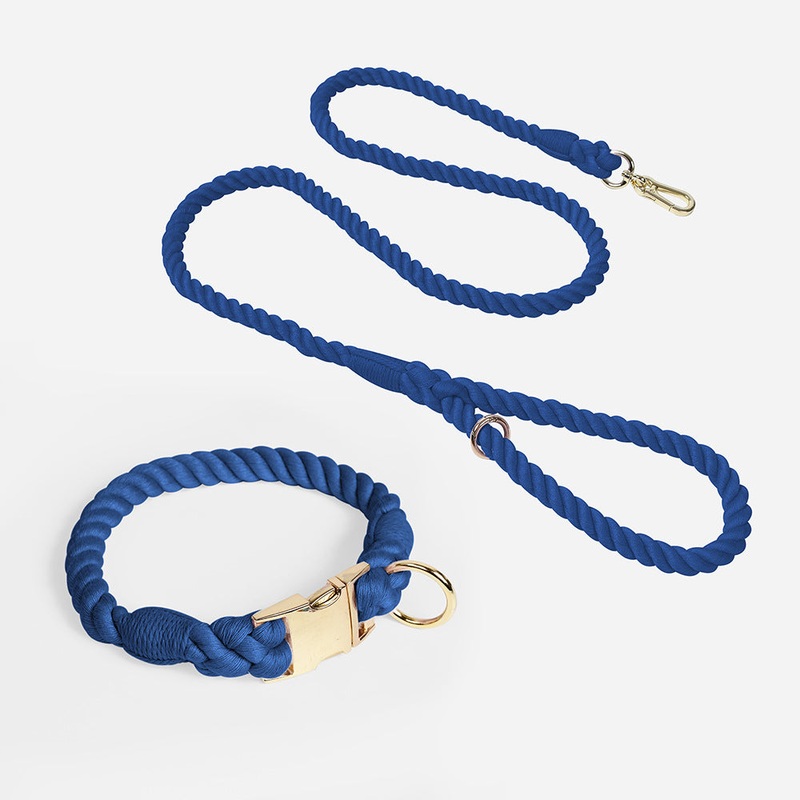 Handmade Gradient Rope Dog Collar & Leash Set – Colorful Braided Cotton (Navy blue – Size M)