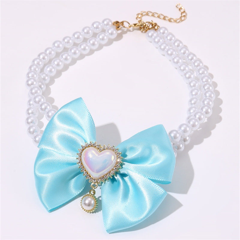 2 – PCS Cute Pet Pearl Necklace Collar with Blue Bow and Heart Charm – Size M