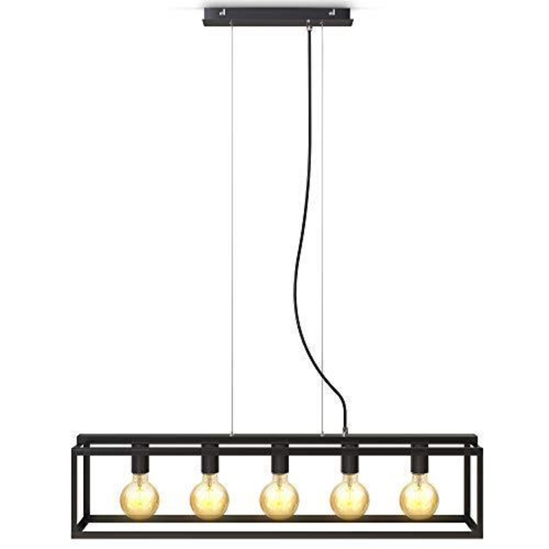 B.K.Licht Lampada a sospensione con 5 punti luce, attacco per lampadine E27 non incluse, Lampadario da soffitto regolabile in altezza a parallelepipedo in metallo nero opaco per cucina, 92x20x120cm
