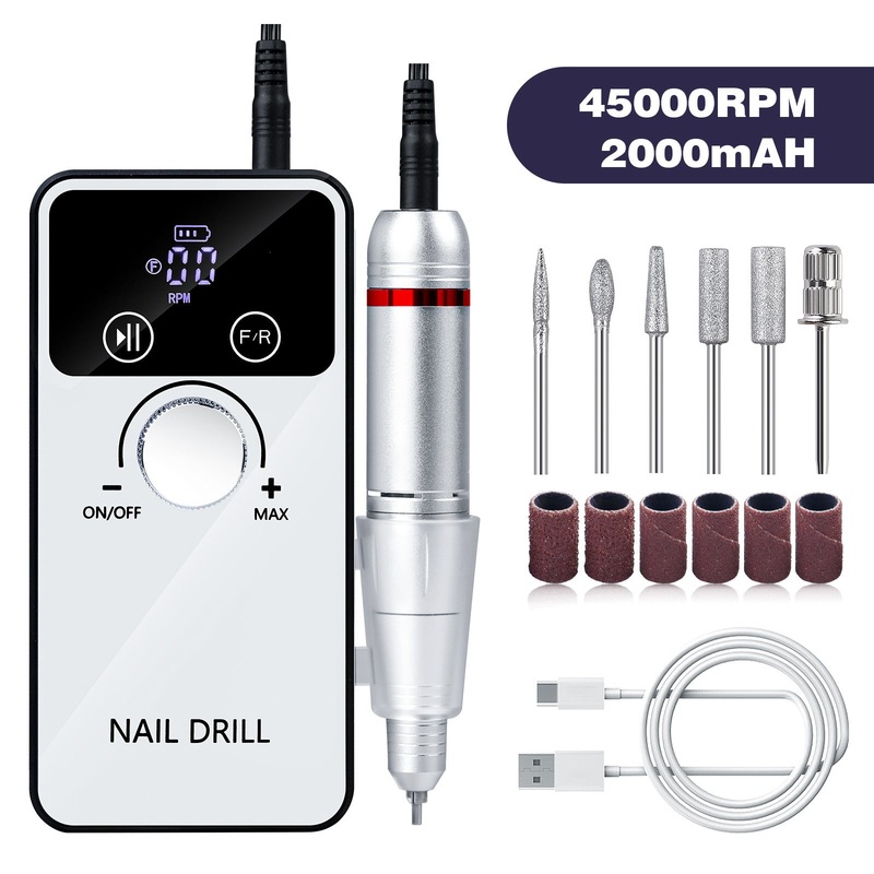 White Portable Electric Nail Drill – Rechargeable, Adjustable Speed, Low Vibration