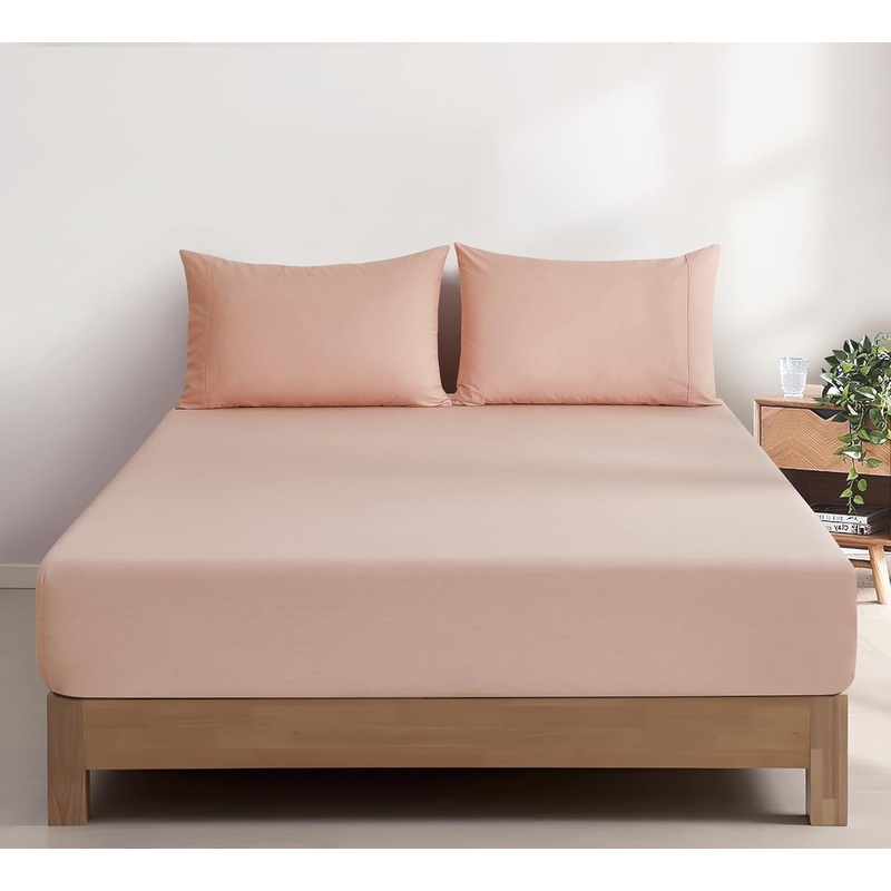 100% Vintage Washed Cotton Fitted Sheet Combo Set  100% Natural Cotton, Ultra Soft & Breathable  Includes Fitted Sheet & Pillowcases  Machine Washable (Pink, Queen)