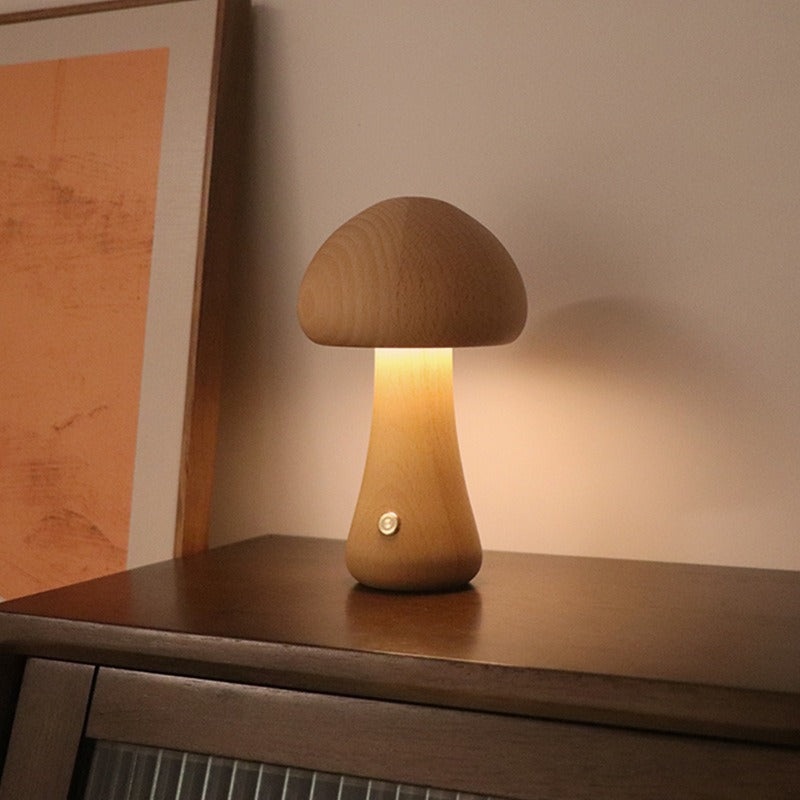 Brown Solid Wood Mushroom LED Table Lamp – Rechargeable Touch Control Bedside Night Light (Large)