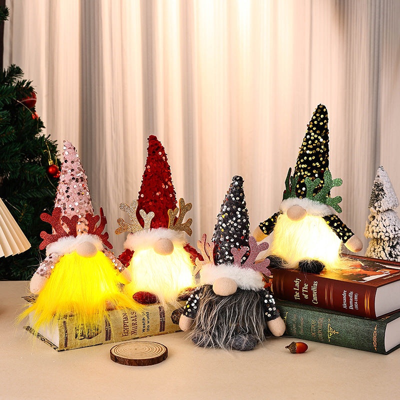 Light-Up Christmas Gnome Plush Doll with Sequin Hat & Antlers – Festive LED Tabletop Decoration(red)