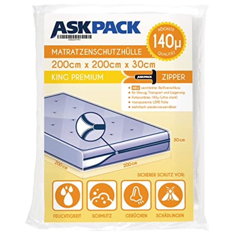 ASK Pack Premium Custodia Materasso King con Cerniera Lampo per Materasso Fino a 200 cm di Larghezza/Fino a 30 cm di Altezza / 200 cm di Lunghezza  Ultra Forte 140 m