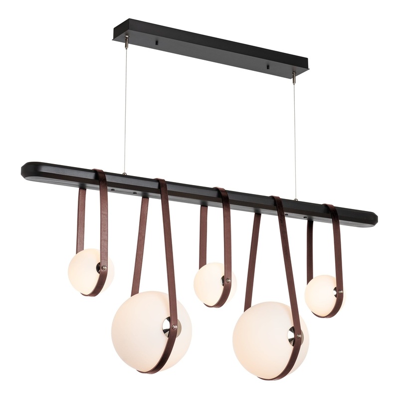Derby Linear 5-Light LED Pendant Black Polished Nickel with British Brown Leather Black Wood