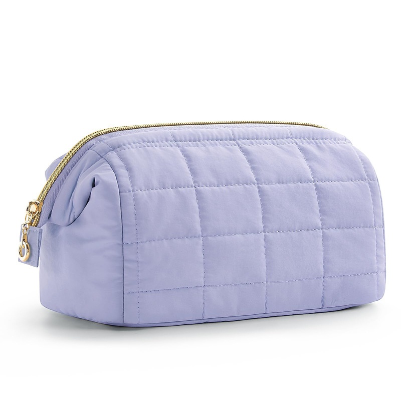 Purple Chic Quilted Puffer Makeup Bag – Large Capacity Travel Cosmetic Organizer with Wide Opening
