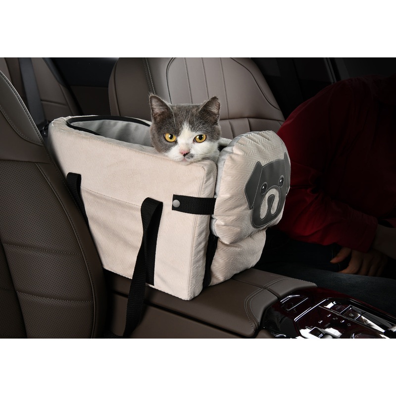 Beige Pet Car Booster Seat for Small Dogs & Cats – Safe Travel Carrier Bed