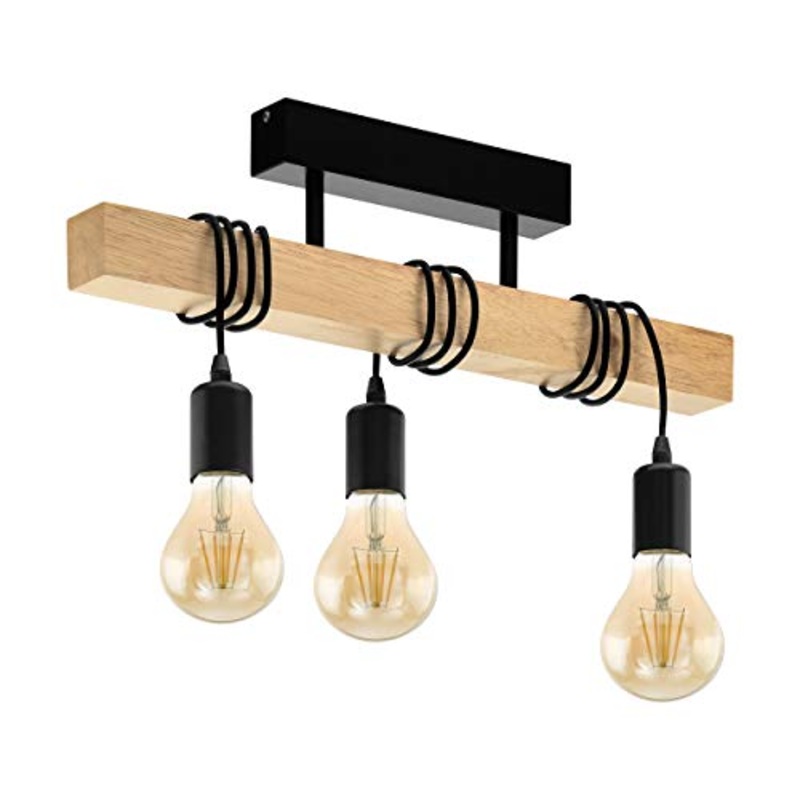 Plafoniera EGLO TOWNSHEND, plafoniera vintage a 3 punti luce, plafoniera dal design industriale, lampada a sospensione retr in acciaio e legno, colore: nero, marrone, attacco: E27
