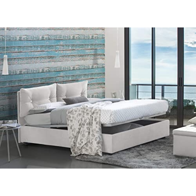 Talamo Italia Letto contenitore Una piazza e mezza Giulia, Made in Italy, Letto con rivestimento in tessuto, Apertura frontale, con materasso cm 120×190 incluso, Bianco