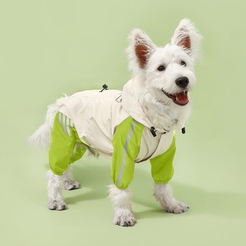 Colorblock (White Green) Dog Raincoat – Waterproof with Hood and Reflective Strips (Size XL)