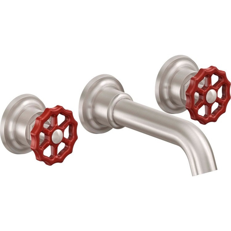 Lavatory Trim Descanso Works Vessel Wall 2 Red Wheel Polished Brass Uncoated Spout Reach 6-5/16 Inch 1.2 Gallons per Minute