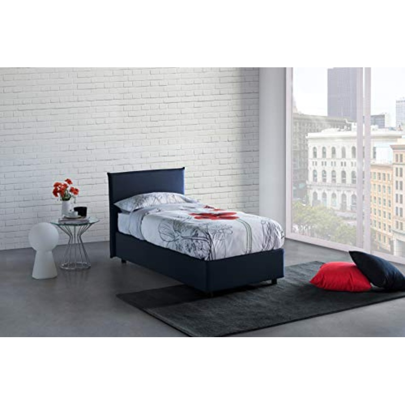 Talamo Italia Letto contenitore Singolo Anna, Made in Italy, Letto con rivestimento in tessuto, Apertura frontale, con materasso cm 80×190 incluso, Blu