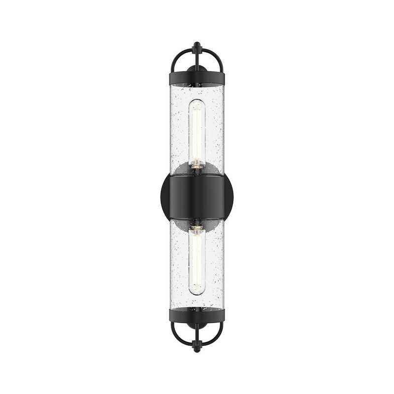 Two Light Outdoor Wall Lantern from the Lancaster Collection in Clear Bubble Glass/Textured Black Finish by Alora