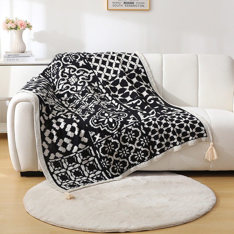 Bohemian Style Sofa Throw Blanket – Black Soft Faux Cashmere, 130x170cm (850g) for Office Naps & AC Cover