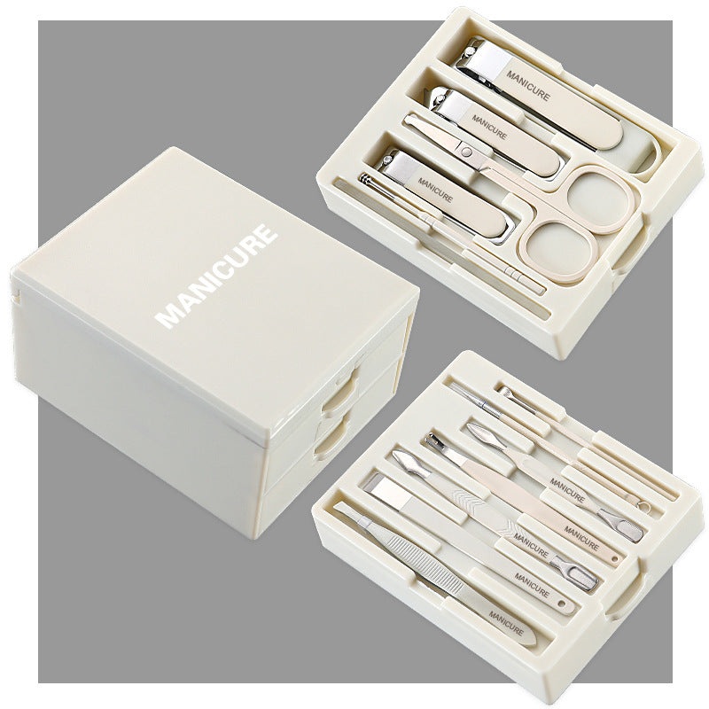 White Premium 13-in-1 Manicure & Grooming Kit – Professional Carbon Steel Pedicure Set with Dual-Drawer Case & Mirror