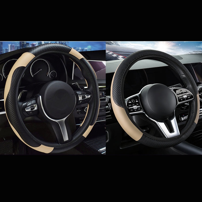 2-Pack (Type A + Type B) Beige And Black Sporty Carbon Fiber Leather Steering Wheel Cover – Universal 38cm Easy-Fit Elastic Grip