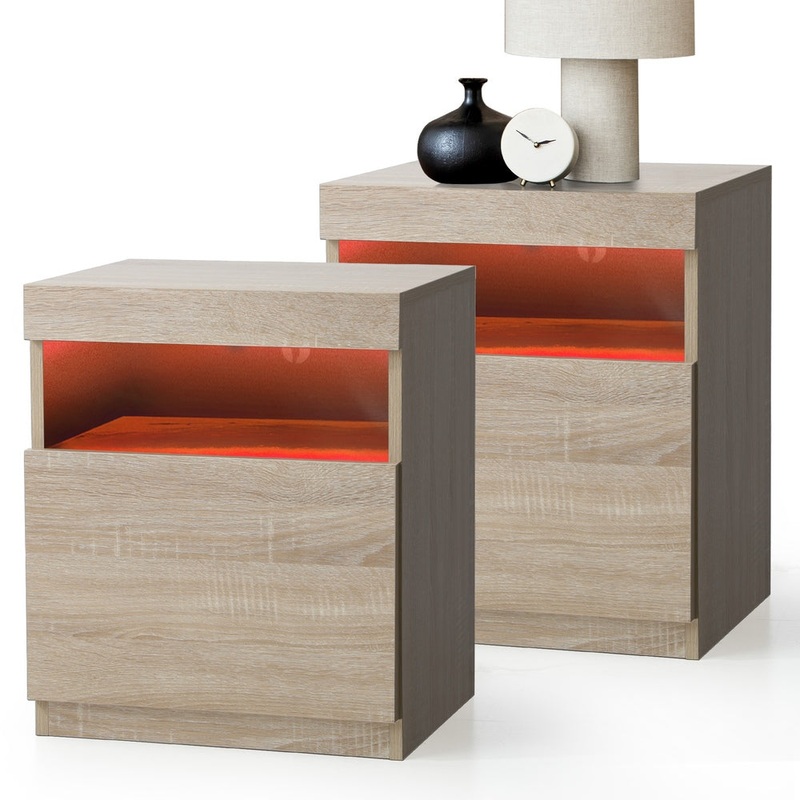 Oikiture Bedside Tables Set of 2 LED Nightstand Shelf Natural