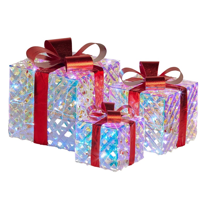 Swishmas Set of 3 Christmas Gift Boxes With Lights – Clear Shimmer With Red Bows