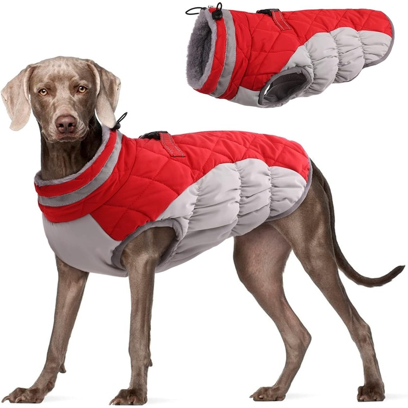 XXL Red Grey Premium Winter Puffer Dog Coat – Windproof & Fleece-Lined Jacket for Cold Weather