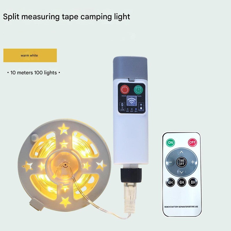 (100 lights warm white at 10 meters) Camping tent light kit – rechargeable power bank, spool light string, remote control