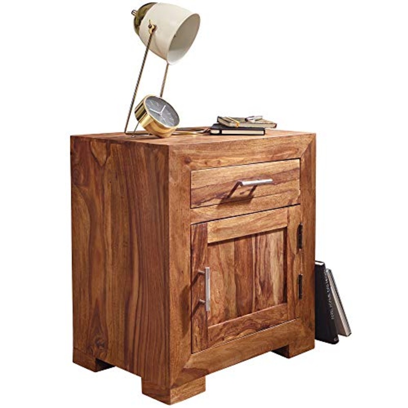 FineBuy Comodino Letto Legno Massello Sheesham 50x60x40cm Stile Moderno | Consolle Notturna con cassetto e Porta | Comodino da Notte