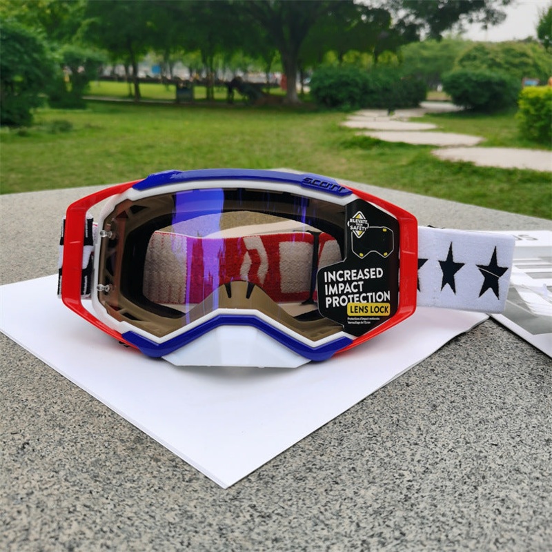 Performance Motocross & Off-Road Goggles – Increased Impact Protection with Lens Lock System(Red and blue frame blue film)