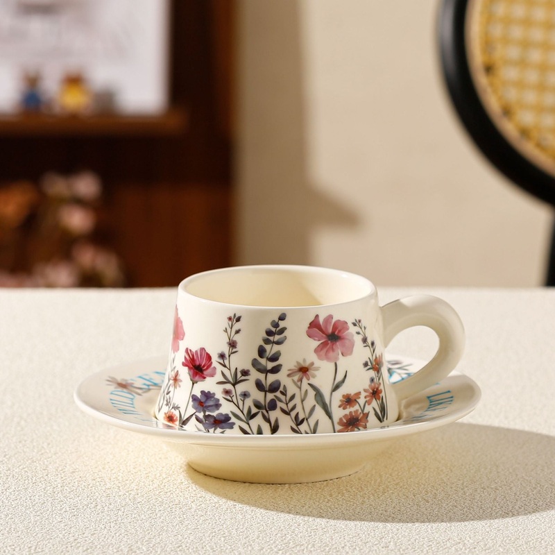 Vintage Floral Ceramic Coffee Cup & Saucer Set(White disc – pink flowers)