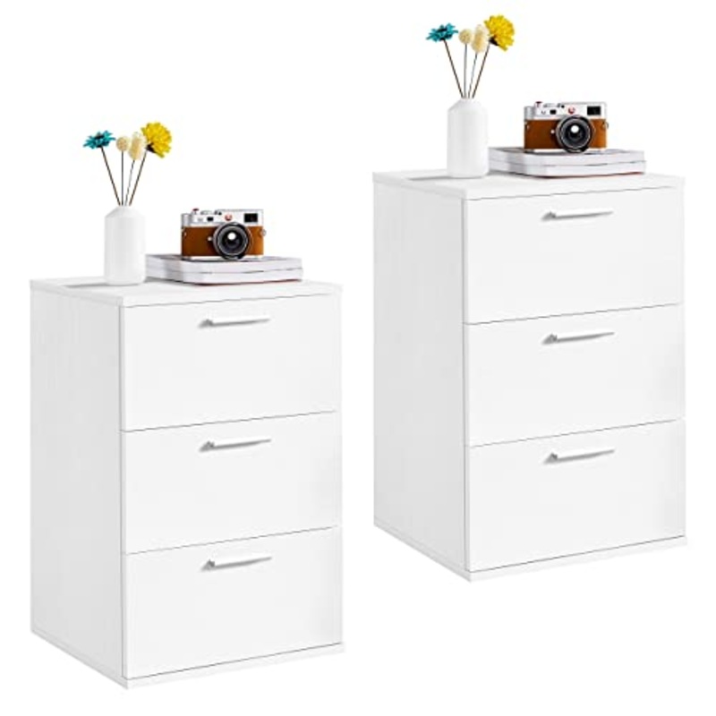 Yaheetech Set 2 Comodini Camera da Letto Bianco Comodino con 3 Cassetti Spaziosi Cassettiera Mobile da Letto in Legno Moderno Tavolino da Divano per Salotto Soggiorno 40 x 35 x 60 cm